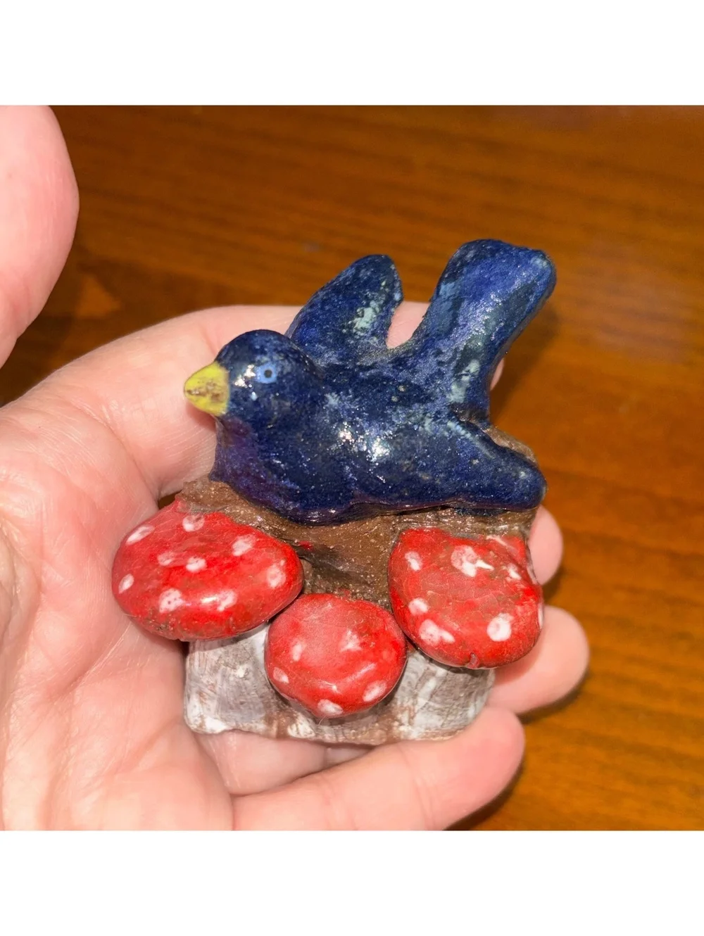 Handmade Folk Art Pottery Blue Bird on Red Mushrooms Figurine Redware